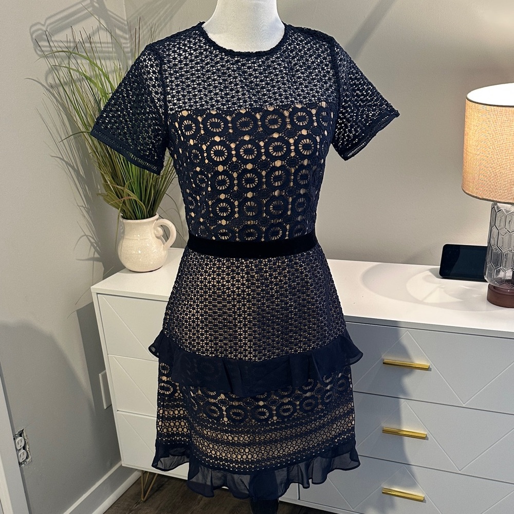 Chelsea28 Navy Circle Lace Midi Dress
